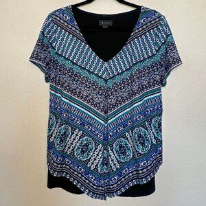 AB Studio V-Neck Boho Print Top Layered Hem Blue Teal Short Sleeve Large